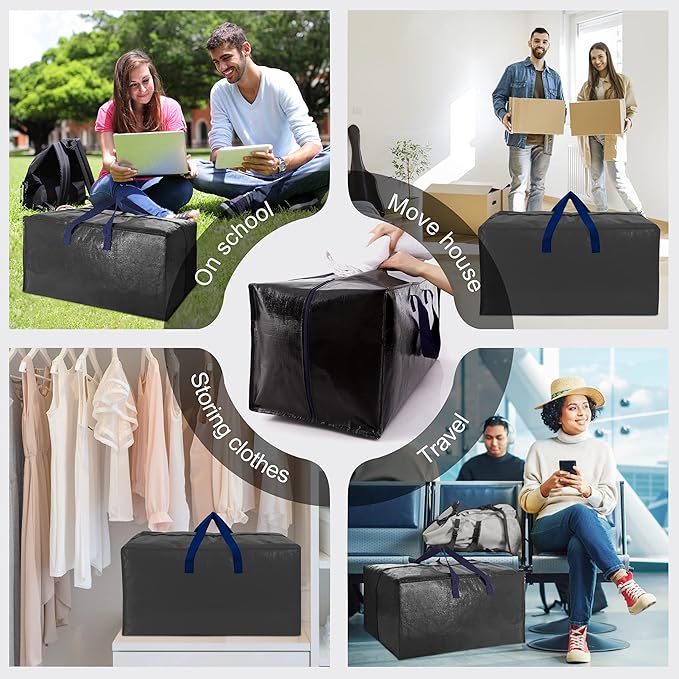12 Pack Heavy Duty Extra Large Moving Bags W/Backpack Straps - Strong Handles & Zippers, Storage Totes For Space Saving, Fold Flat, Alternative to Moving Box and Storage Bin, Black