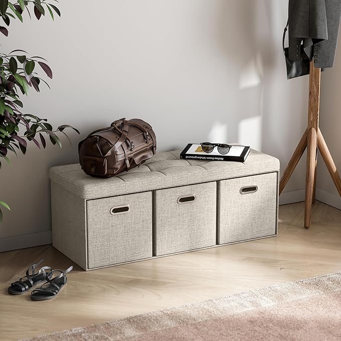 Ornavo Home Storage Ottoman with 3 Drawers, 40 Inches Long Foldable Tufted Linen Large Bench Ottoman with Storage, Foot Rest Stool Seat, for Living Room, Bedroom, Entryway, Beige