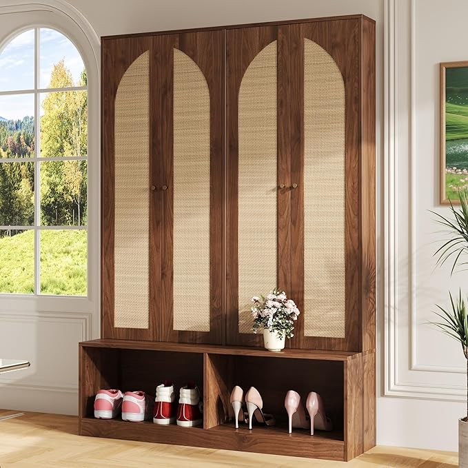 Bohemian Farmhouse Widen Hall Tree with 4 Rattan Doors, Versatile 4-in-1 Hall Tree, Mid-Century Entryway Shoe Cabinet with Adjustable Shelf and 6 Hooks, Seating Bench for Living Room