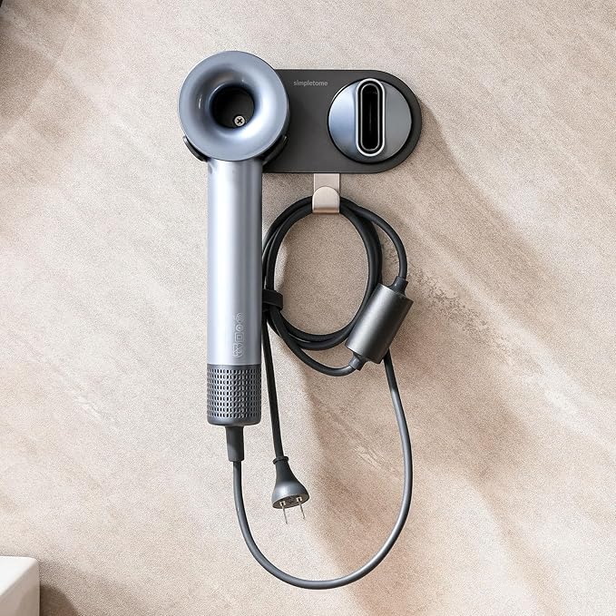 simpletome Hair Dryer Holder Wall Mount for All Magnetic High Speed Blow Dryer with Plug Cord Organizer Hook (ABS Plastic, Grey)