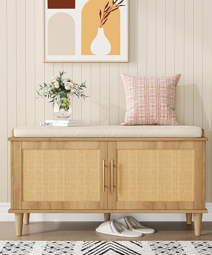 Rattan Shoe Storage Bench with Cushion, 2-Tier Entryway Bench with Adjustable Shelves and 2 Doors, 15" D x 39.4" W x 20" H, Solid Wood Legs, for Hallway, Living Room, Bedroom, Natural Oak