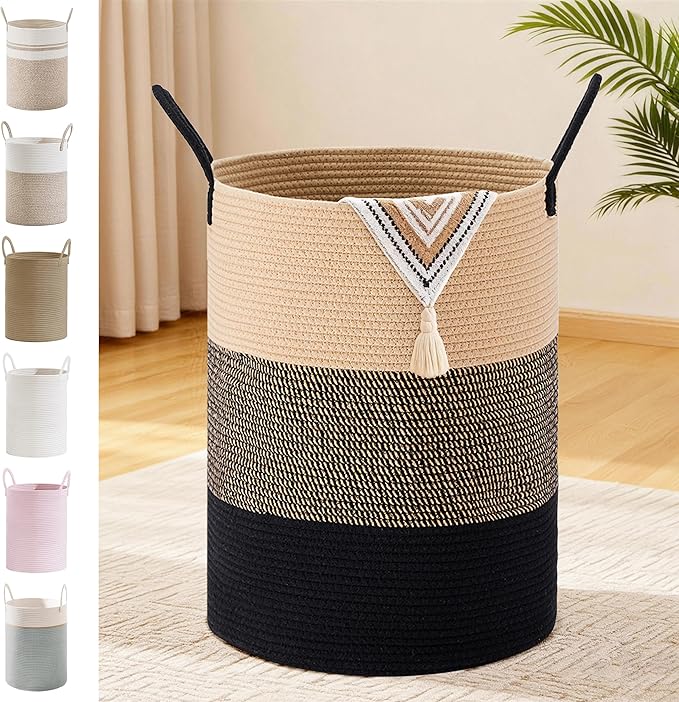 Tall Laundry Basket with Handles, 72L Portable Dirty Clothes Hamper, Boho Cotton Rope Storage Bin for Blankets Kids Toys Gifts, Large Organizer for Baby Nursery Bedroom Bathroom, Brown & Black