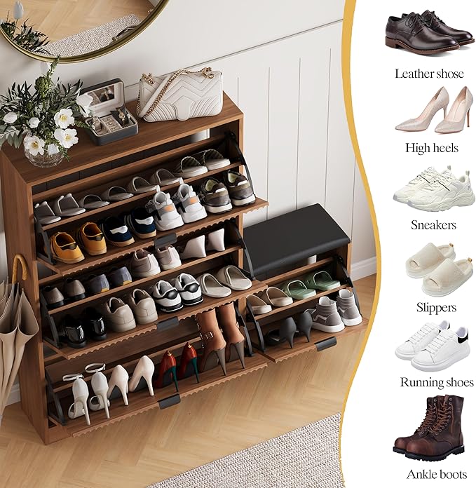 Shoe Cabinet Storage for Entryway with 4 Flip Drawers, Walnut Fluted Shoe Cabinet with Bench, Wooden Hidden Shoe Rack Freestanding Narrow Slim Shoes Storage Organizer for Hallway, Entrance