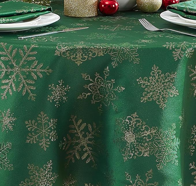 Newbridge Fancy Metallic Snowflake Christmas Fabric Tablecloth, 60 x 144 Inch Rectangle, Hunter Gold, No-Iron Soil Resistant Sparkling Snowflakes Woven Holiday Table Cover