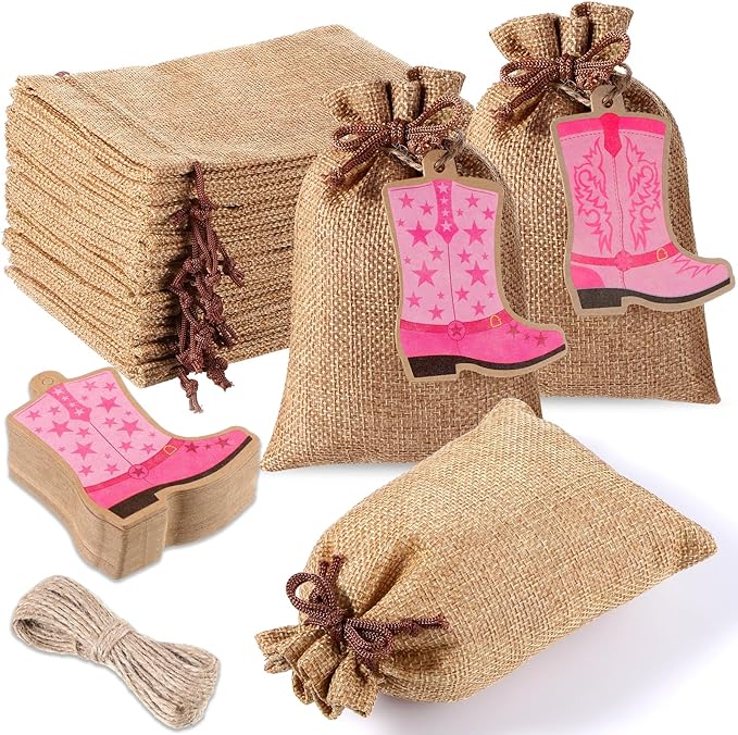 Mooliwe 50 Pcs Burlap Drawstring Bags with Boot Shape Tags, Western Cowgirl Gift Sacks Bulk 4 x 6 Inches Reusable Burlap Candy Pouch for Bachelorette Cowboy Baby Shower Wedding Party Favor(Pink)