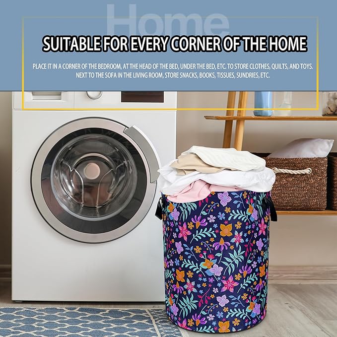 Flowers Laundry Basket Floral Foldable Oxford Cloth Funny Tote Bag Laundry Hamper Clothes Storage Bucket Toy Organizer For Bathroom/Laundry Storage/Bedroom 18.9x16.5 Inch