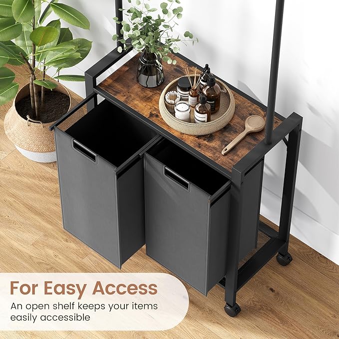 2 Laundry Hamper Sorter with Wheel/Lockable, Laundry Room Organization With Shelf, 42" Hanging Rack+12" Extendable Rod, Laundry Basket for Balcony, Cloakroom