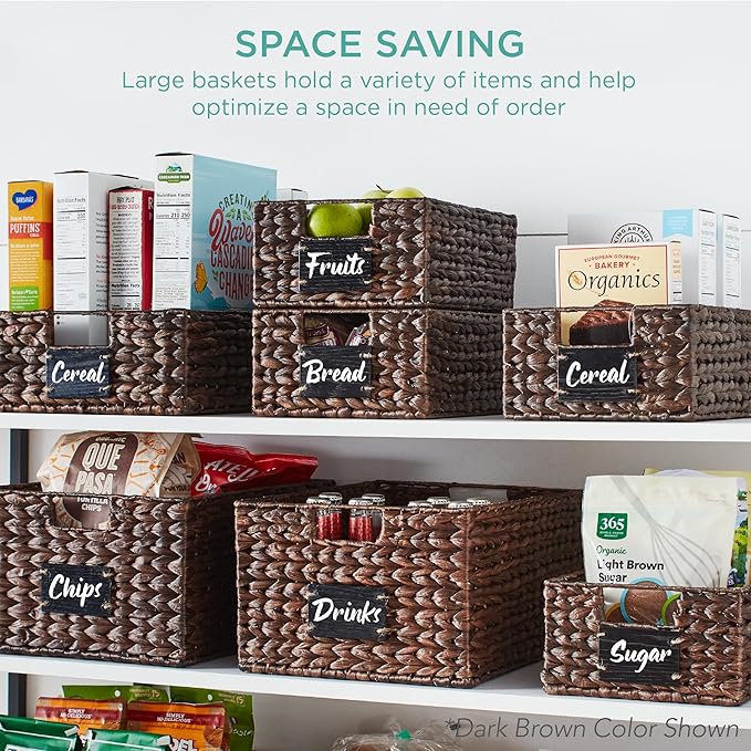 Best Choice Products Set of 4 13x12in Water Hyacinth Pantry Baskets, Woven Organizers w/Chalkboard Label, Chalk Marker - Black