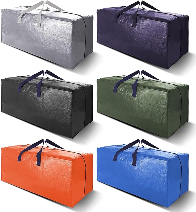 Heavy Duty Extra Large Moving Bags W/Backpack Straps - Strong Handles & Zippers, Storage Totes For Space Saving, Fold Flat, Alternative to Box and Bin (Set of 6, Multicolor)