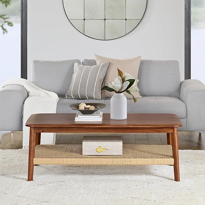 Alaterre Furniture Calais Coffee Table - 48-Inch Living Room Table with Woven Shelf - Solid Acacia Wood Coffee Table (Warm Chestnut)