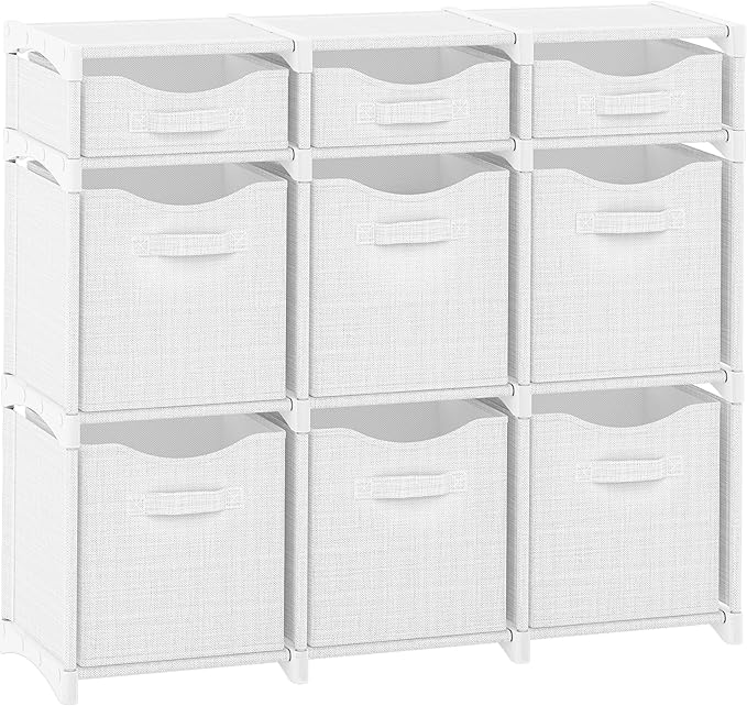 9 Cube Storage Organizer With Bins Included - Closet Storage With 9 Storage Bins - Easy To Assemble Storage Unit With Drawers - Closet Organization For Clothes, Bedroom, Nursery, & Toys (White-Grey)