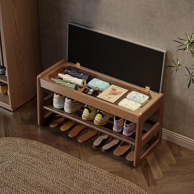 AQIMUELE Shoe Rack Bench,2 Tiers Shoe Bench with Storage with Flip-Top,Wood Shoe Rack for Entryway,Hallway（Walnut Upholstered Seat）