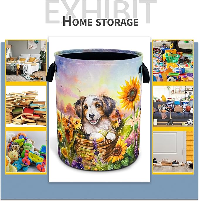 Cute Dog Laundry Basket Sunflower Flowers Foldable Waterproof Oxford Cloth Funny Tote Bag Laundry Hamper Clothes Storage Bucket Toy Organizer For Bathroom/Laundry Storage/Bedroom 18.9x16.5 Inch