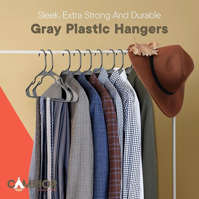 Gray Plastic Hangers 200 Pack– Heavy-Duty Plastic Hangers Slim and Space-Saving, Durable and Lightweight PP with Non-Slip Shoulder Notches for Slip Dresses, Suits, Jackets & Camisoles
