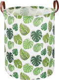Round Green Laundry Hamper, Jungle Themed Nursery Decor, Tropical Pattern Basket, Monstera Room Decor,Waterproof Storage Bin, Gift Basket(Leaf)