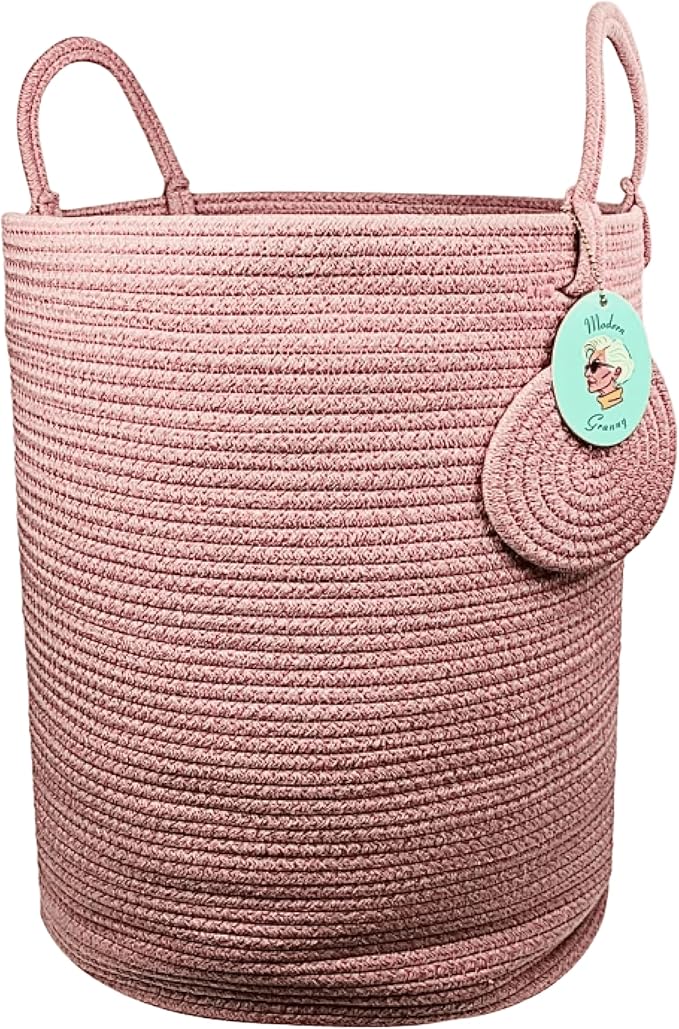 Modern Granny Medium Cotton Rope Laundry Hamper 14x16 Inch Dual Secure Woven Handle for Living Room Closet Clothes Blanket Organization