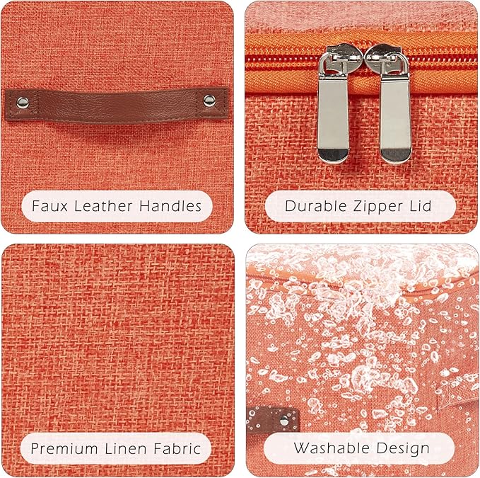 2 Pack Storage Bins with Zipper Lid Cotton Linen Fabric Lidded Storage Baskets Boxes Foldable Washable Closet Shelf Clothes Organizer Container with PU Leather Handles (Orange, Small)