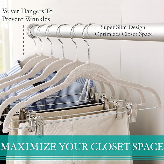 Simplify 24 Pack Velvet Hangers with Clips | Skirt and Pants | Slim Space Saving | Closet Organization | Non-Slip | Prevent Creases | Swivel Neck | Durable | Ivory