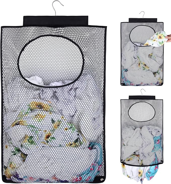 Breathable Mesh Laundry Hamper, Bringing Hooks Foldable Hanging Shower Caddy, Fast Drying Portable Space Saving Storage Bag, Applied to College Dorm Rooms, Gym, Swimming and RV Travel (Black)