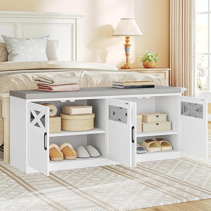 2 Tier Shoe Storage Bench with Doors, 47.2" Farmhouse Shoe Bench with Padded Cushion, 12 Pairs of Bed End Bench, Entryway Bench with Storage for Bedroom, Living Room, White SB61203X