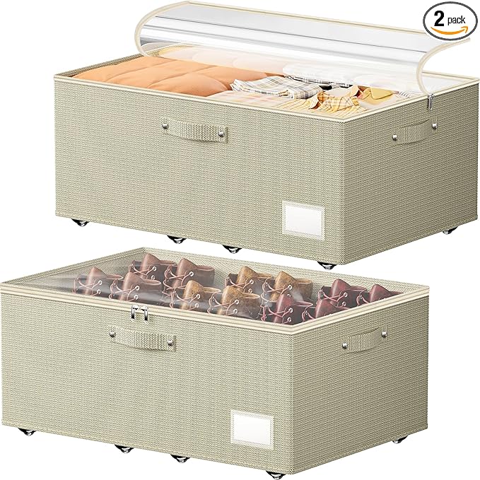 Dayacoco Underbed Storage with Wheels, 2 Pack Under Bed Storage Containers with Clear Lids, No Assembly Required 10.1 inch Rolling Under Bed Storage for Clothes, Beige