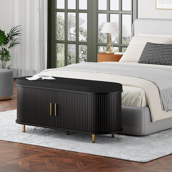 DHH 2-Tier Storage Bench, 43.3" Wide Shoe Bench with Thickened Padded Seat Cushion, Mid Century Modern Fluted Sliding Door and Adjustable Shelf, for Entryway, Living Room, Bedroom(Black)