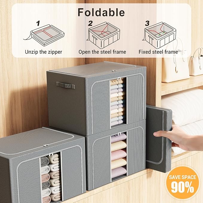 Clothes Storage Bins with Metal Frame Foldable Storage Box Clothes Organizers Storage Containers for Clothes Sheets Blankets Books Toys Gifts and Holiday Decorations (100Lx3 Pack) Deep grey