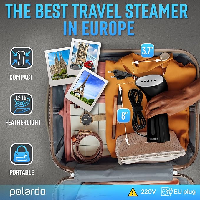 Steamer for Clothes for Europe 220V, Handheld Portable Travel Garment Steamer, Metal Steam Head, 25s Heat Up, Pump System, Mini Size, Hand Held Steamer for Any Fabrics, Black