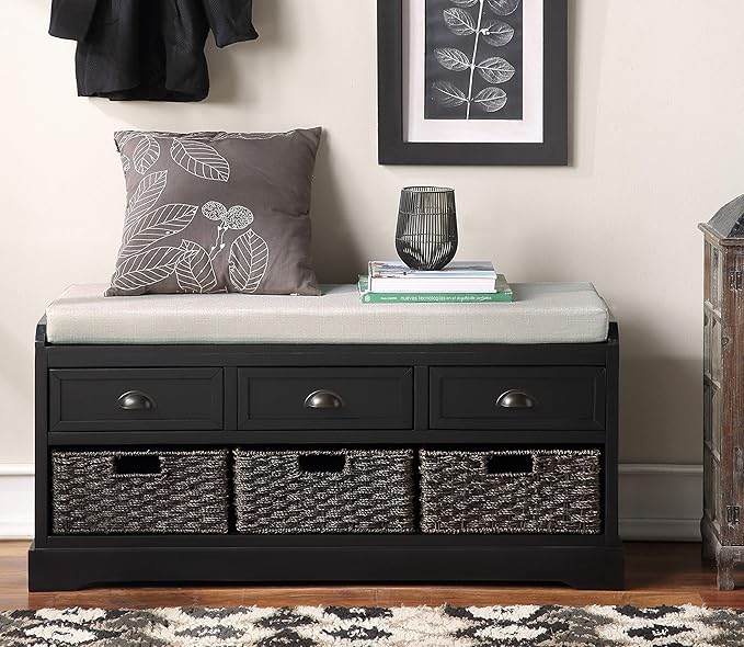 Merax Classic Wood Entryway Bench with 3 Drawers, 3 Rattan Basket Shoe Cabinet for Hallway Front Door Black