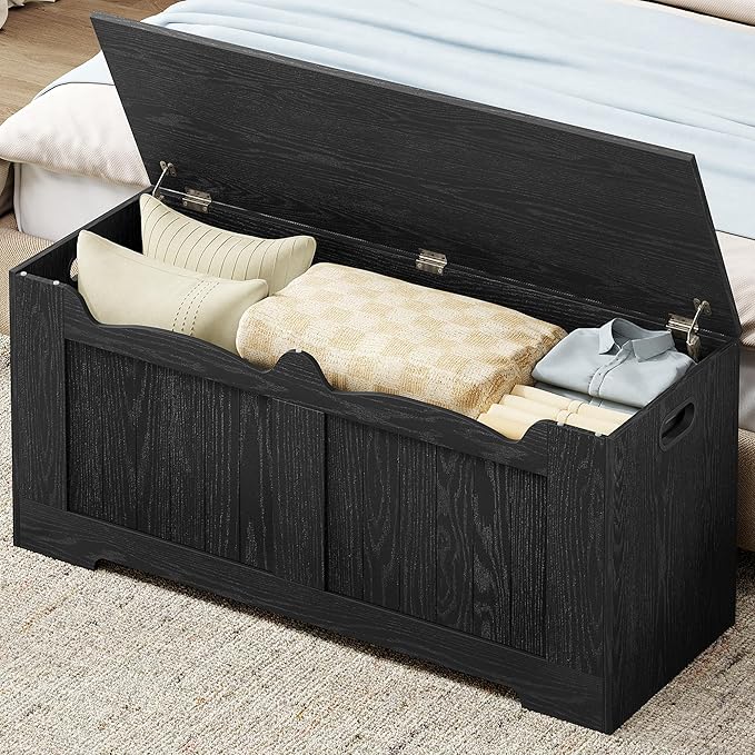 43.3" Storage Chest, Extra Large Storage Bench Trunk with 2 Hinges, Wooden Box, Lift-Top Chest Organizer, Shoe Bench for Entryway, Bedroom, Living Room, Black SB25504X