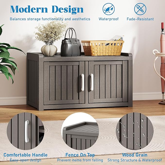 KAMABOKO Shoe Storage Cabinet Waterproof UV-Resistant, Entryway Storage Bench Indoor Outdoor with 2 Barn Doors, Adjustable Shelves for Entryway, Bedroom, Hallway,Living Room(Grey)