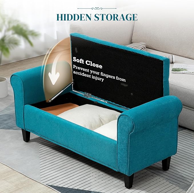HOMCOM 50" Storage Ottoman Bench, Upholstered End of Bed Bench with Rolled Arms, Wood Legs, Button Tufted Storage Bench with Safety Hinges for Living Room, Entryway, Bedroom, Teal