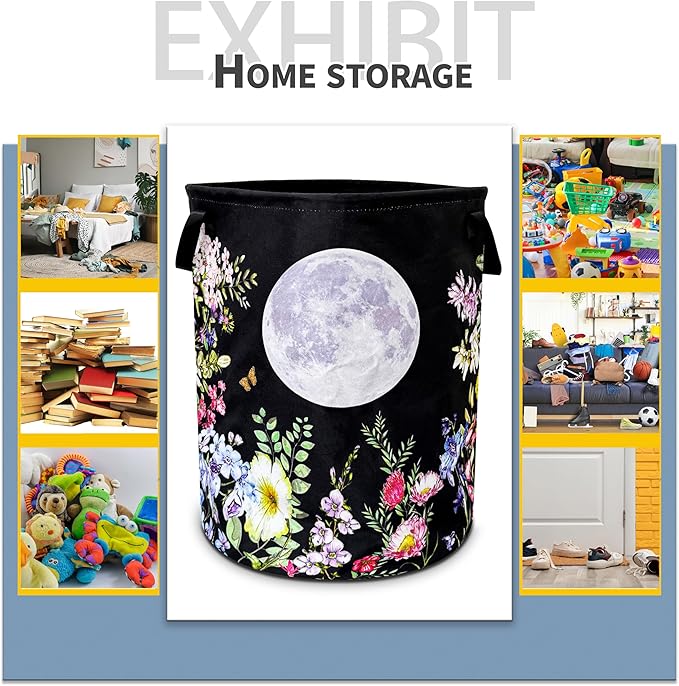 Full Moon Laundry Basket Colorful Flowers Foldable Oxford Cloth Funny Tote Bag Laundry Hamper Clothes Storage Bucket Toy Organizer For Bathroom/Laundry Storage/Bedroom 18.9x16.5 Inch