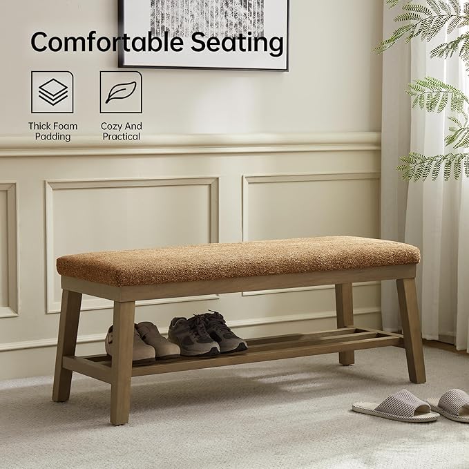 VKNOW Entryway Bench, 44.4" Upholstered Storage Shoe Bench for Entryway & Bedroom, Shoe Rack Bench with Rubberwood Legs, Modern End of Bed Bench for Living Room and Hallway, Orange
