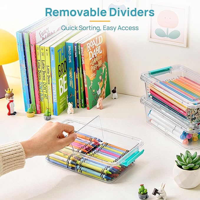 Vtopmart 8 Pack 1.5Qt Clear Pencil Box, Plastic Pencil Holder with Removable Divider for Pen Organizer, Small Stackable Containers with Lid for Pen, Art Craft, Sticker, Scrapbook & Office Supplies