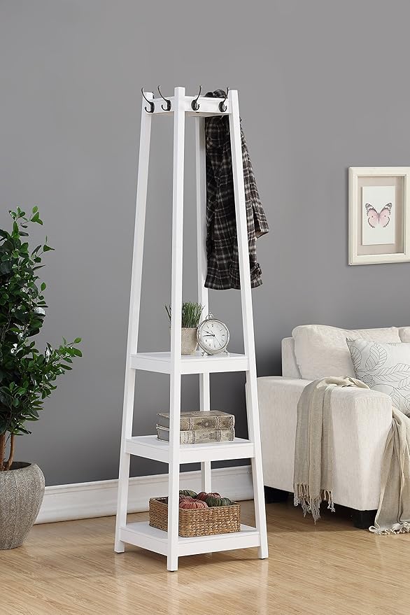 Roundhill Furniture Vassen Coat Rack with 3-Tier Storage Shelves in White Finish