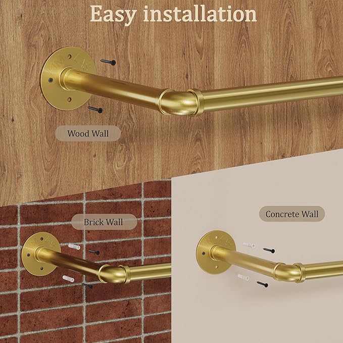 Wall Mounted Clothes Rack, Industrial Pipe Clothing Rack 28 Inch Gold, Wall Clothes Hanger for Bedroom, Cloakroom, Closet, Hallway, Boutique Display, Drying Racks Wall-Mount for Laundry