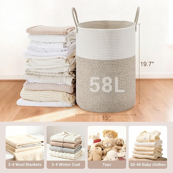 Tall Laundry Basket with Handles, 58L Portable Dirty Clothes Hamper, Boho Cotton Rope Storage Bin for Blankets Kids Toys Gifts, Decorative Organizer for Baby Nursery Bedroom Bathroom, Brown
