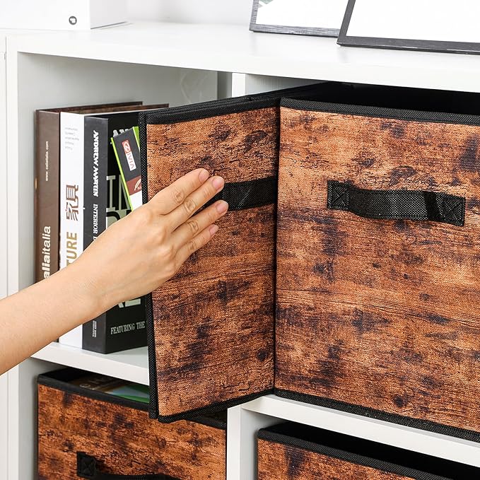 Stero Fabric Storage Cubes, 6 Pack Foldable Storage Bins with Handle, 13 Inch Box for Shelves, Closet, Organizer, Rustic Brown and Black
