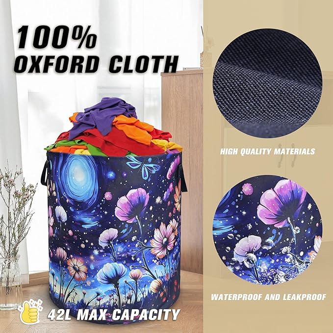 Colorful Flowers Laundry Basket Night Starry Sky Floral Foldable Oxford Cloth Funny Tote Bag Laundry Hamper Clothes Storage Bucket Toy Organizer For Bathroom/Laundry/Bedroom 18.9x16.5 Inch