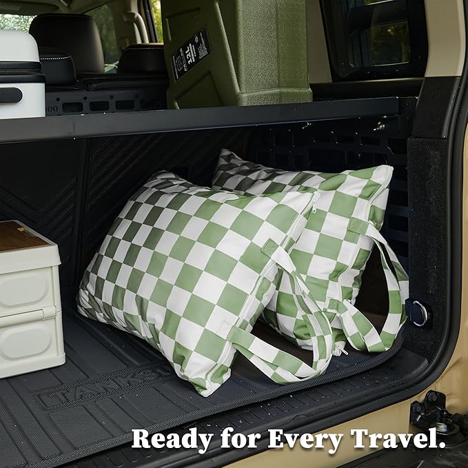 Checkered 2 Pcs Large Travel Laundry Bags for Dirty Clothes, Aesthetic Trendy Waterproof Washable Laundry Bag with Handle for Travel, Gym, Swimming Pool Sage Green
