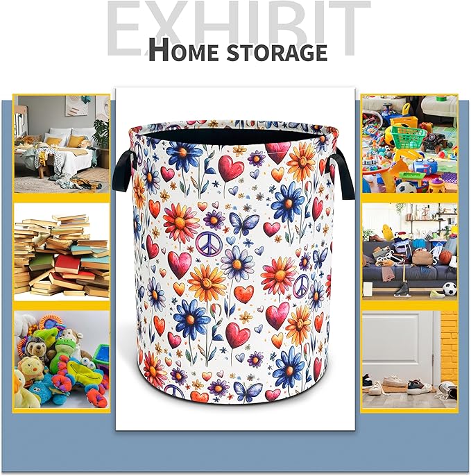 Peace Flowers Laundry Basket Hippie Floral Foldable Waterproof Oxford Cloth Funny Tote Bag Laundry Hamper Clothes Storage Bucket Toy Organizer For Bathroom/Laundry Storage/Bedroom 18.9x16.5 Inch