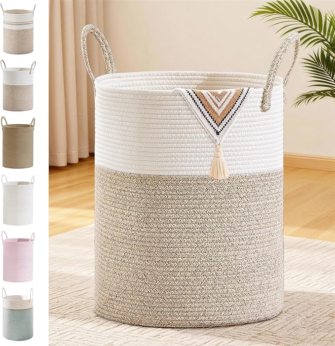 Tall Laundry Basket with Handles, 88L Portable Dirty Clothes Hamper, Boho Cotton Rope Storage Bin for Blankets Kids Toys Gifts, Large Organizer for Baby Nursery Bedroom Bathroom, Brown