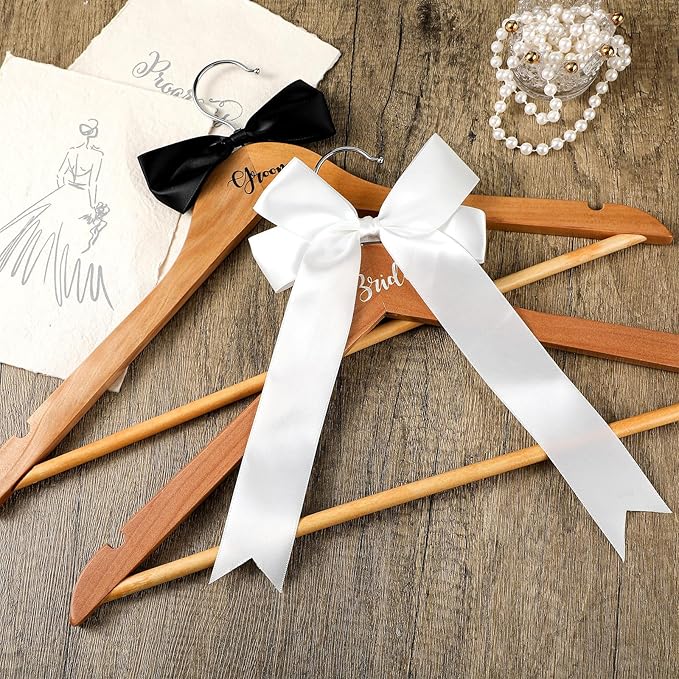 2 Pack Bride and Groom Wedding Hanger Set with Ribbon Bow Wooden Dress Suit Hanger Gift for Wedding Bridal Party Photo Decor(Wood Color,Classic)