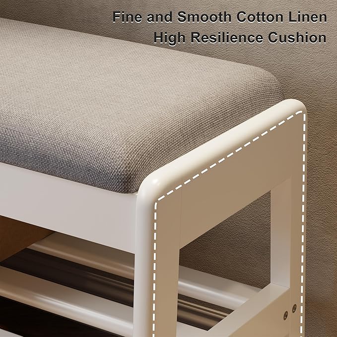 AQIMUELE Small Shoe Rack Bench,2 Tiers Shoe Bench with Storage with Flip-Top,Wood Shoe Rack for Entryway,Hallway（White Upholstered Seat）