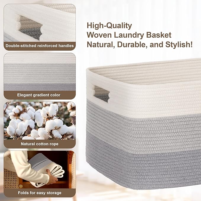 60L Laundry Basket with Leather Handles for Living Room Storage, Woven Rope Baskets Bin for Blanket, Kids Toy, Gifts, Wicker Hamper for Bedroom Dirty Clothes, Gradient Grey