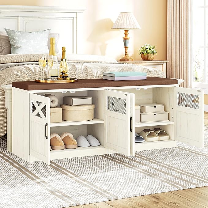 2 Tier Shoe Storage Bench with Doors, 47.2" Farmhouse Shoe Bench with Padded Cushion, 12 Pairs of Bed End Bench, Entryway Bench with Storage for Bedroom, Living Room, Rustic White SB61214KA