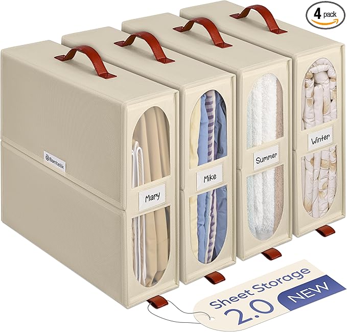 4x Bed Sheet Organizer Storage Boxes with Big See-Through Windows - Bedsheet Organizers Redesigned. Robust Bed Sheet Storage -15x13x5 in. Sheet Organizers Containers (Off-White)