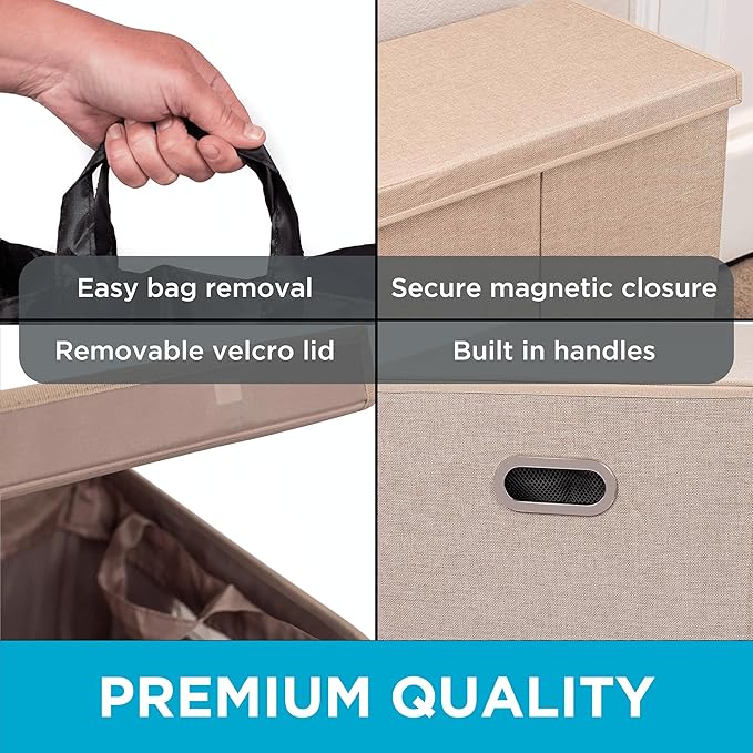 BIRDROCK HOME Double Laundry Hamper with Lid and Removable Liners | Linen | Easily Transport Laundry | Foldable Hamper | Cut Out Handles