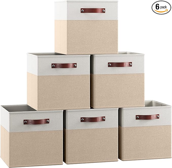 Ornavo Home 13 x 13 Storage Cube Bins, Foldable Collapsible Fabric Storage Bins Box Linen Shelf Basket Cube Organizer for Closet with Leather Handles, 6 Pack, White/Khaki